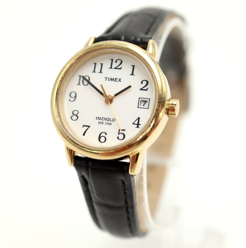 Timex Indiglo Easy Read Gold Tone 25mm Womens Watch Black Leather w New Battery